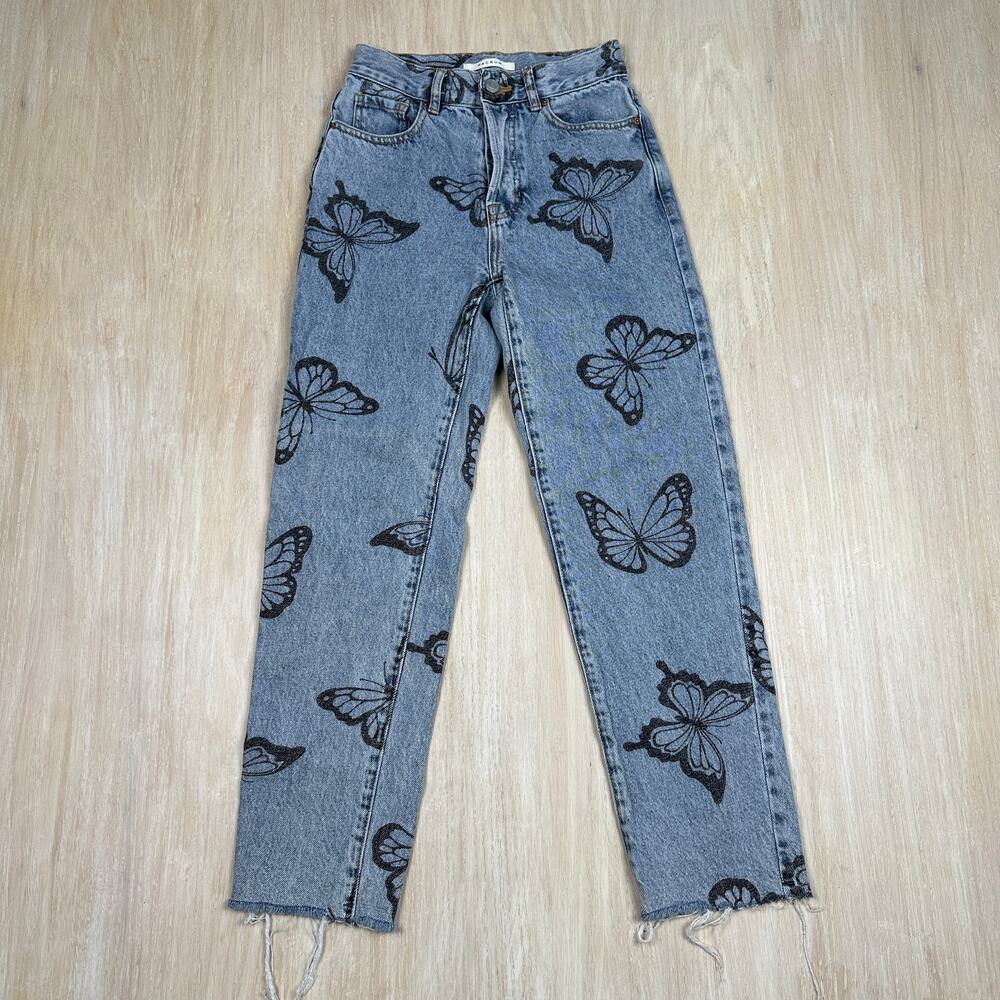 Pacsun Butterfly Stamped High Rise Frayed Hem Straight Casual Denim Jeans 23